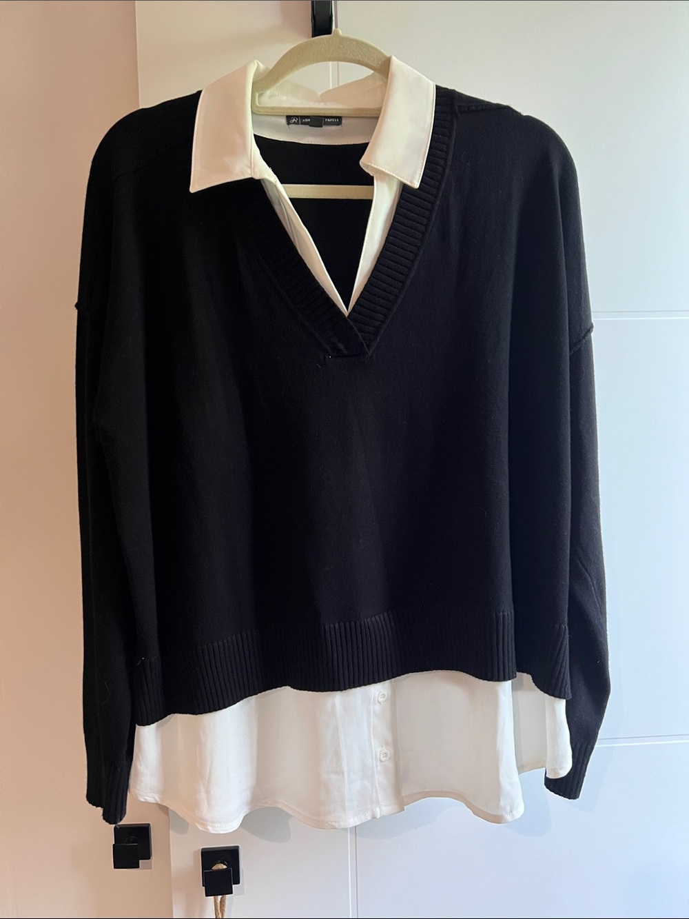 Adrianna Papell Black V-Neck Layered Sweater with White Shirt Detail